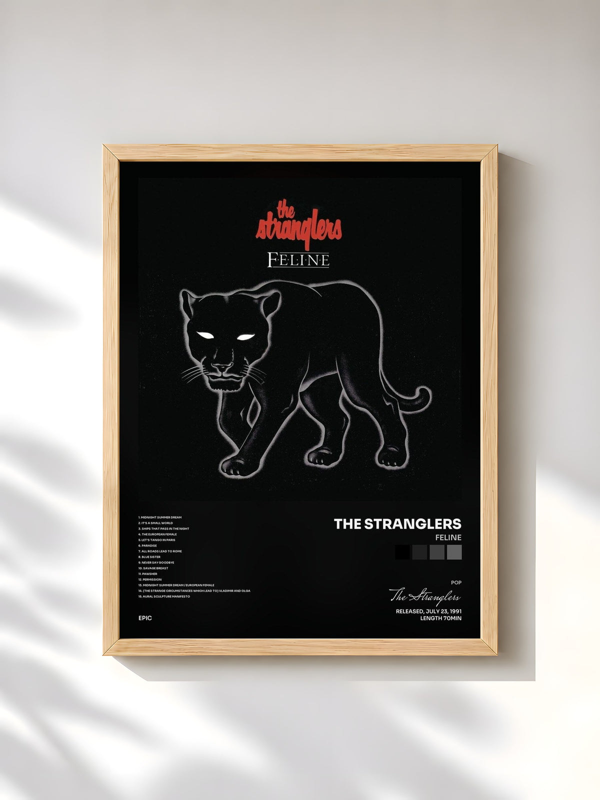 #bois Tableau de l'album Feline de The Stranglers, cadre en bois brut, imprimé et encadré en France