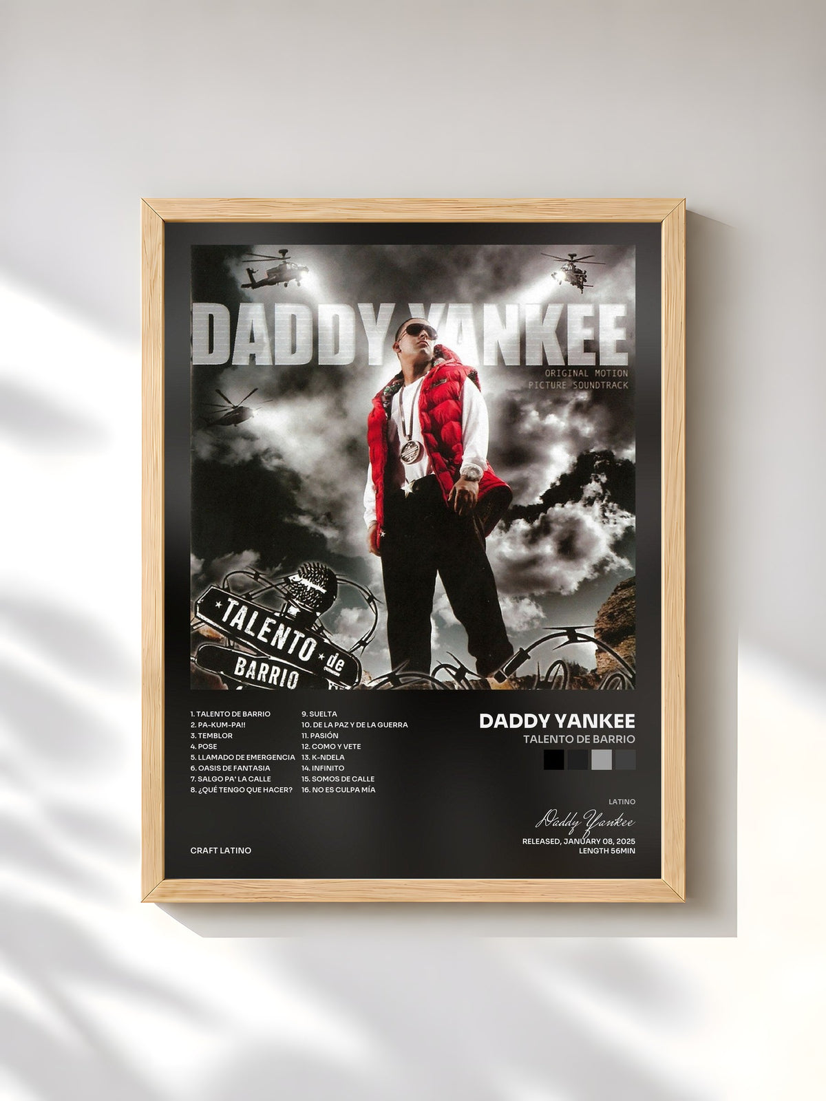#bois Tableau de l'album Talento de Barrio de Daddy Yankee, cadre en bois brut, imprimé et encadré en France