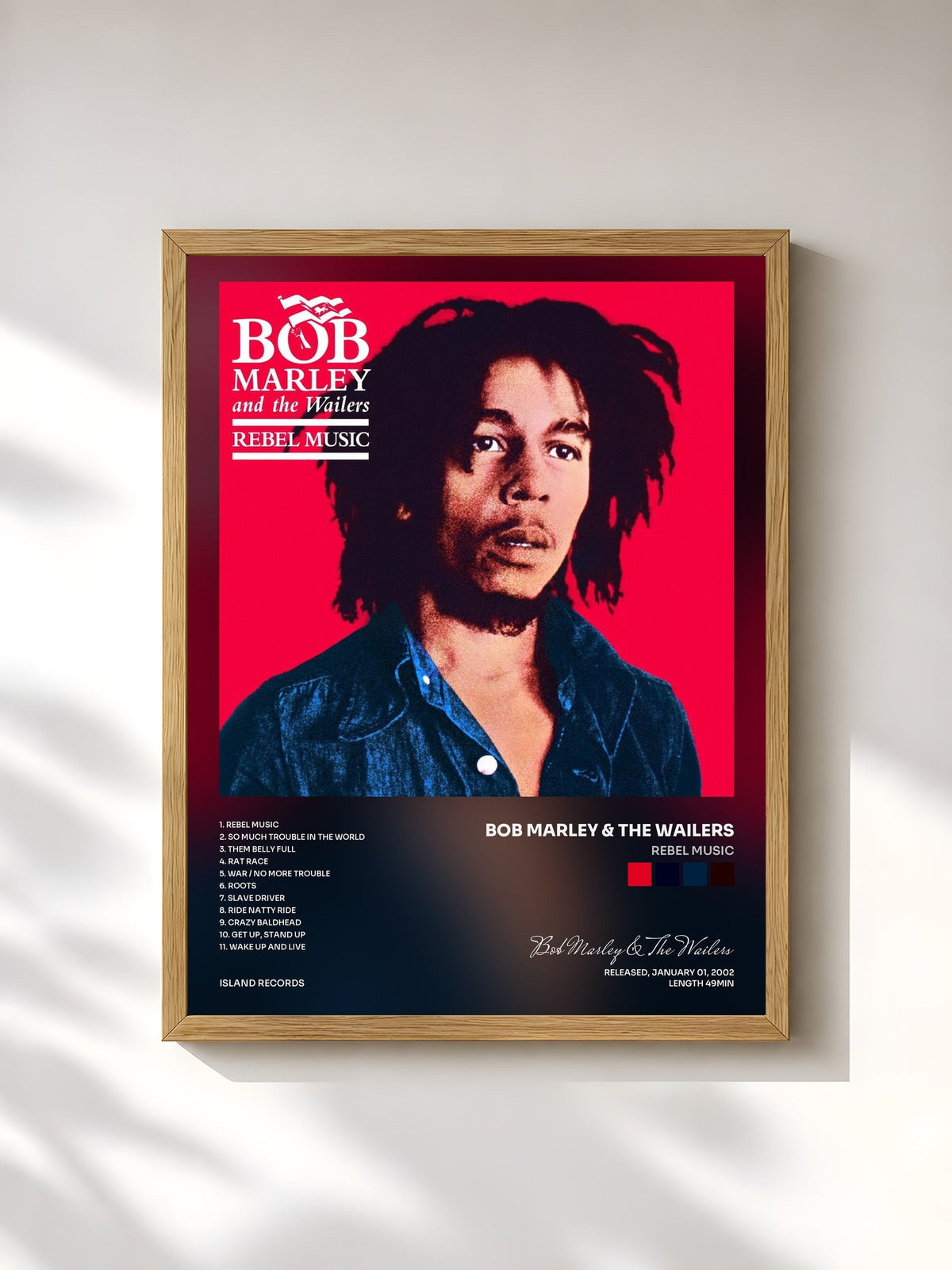 #bois Tableau de l'album Rebel Music de Bob Marley & The Wailers, cadre en bois brut, imprimé et encadré en France