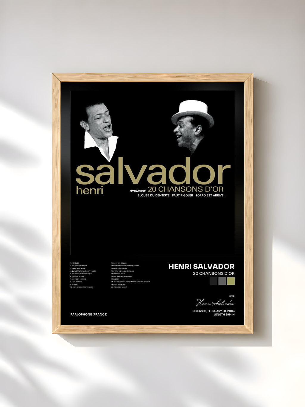 #bois Tableau de l'album 20 chansons d'or de Henri Salvador, cadre en bois brut, imprimé et encadré en France