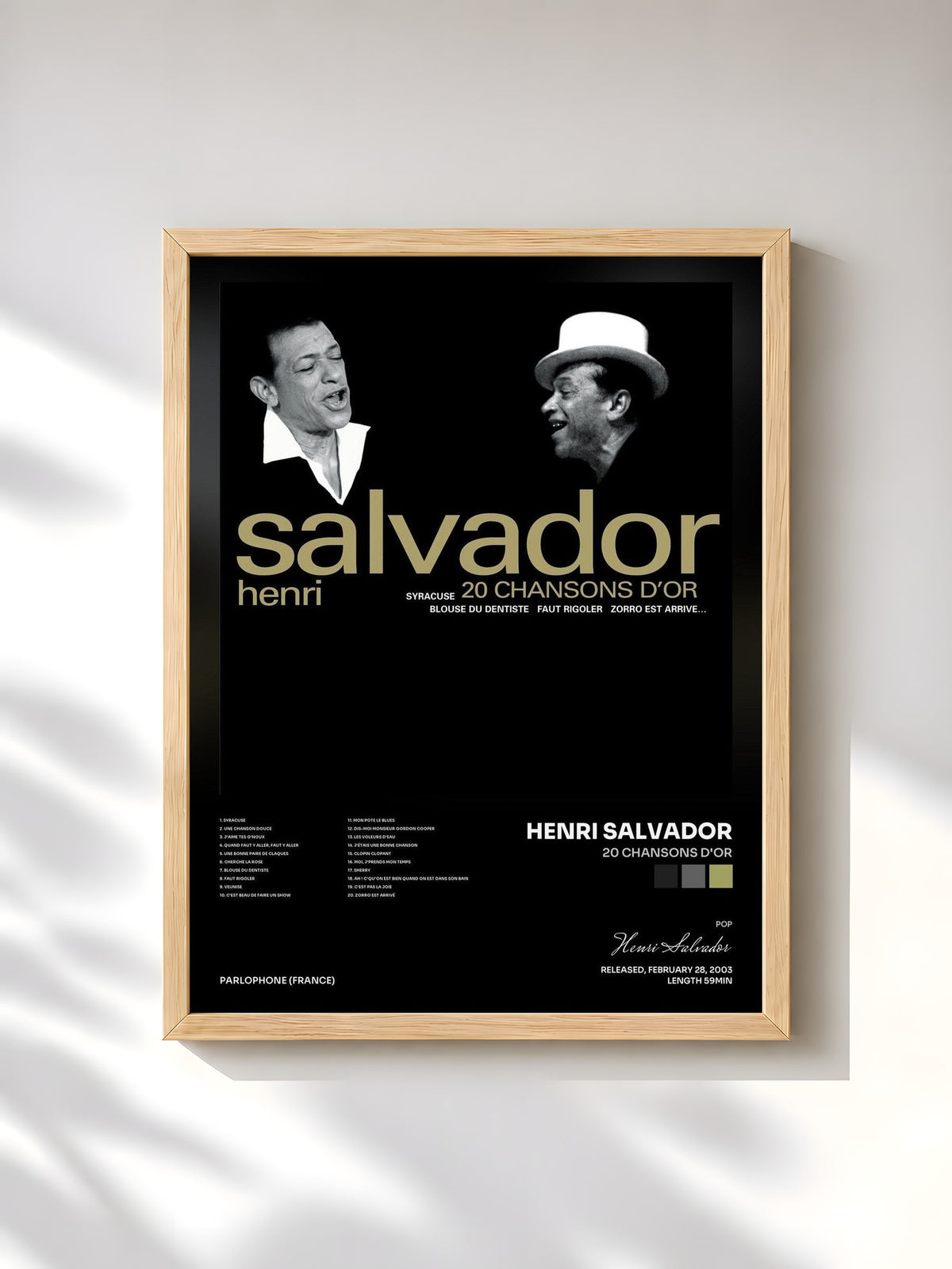 #bois Tableau de l'album 20 chansons d'or de Henri Salvador, cadre en bois brut, imprimé et encadré en France