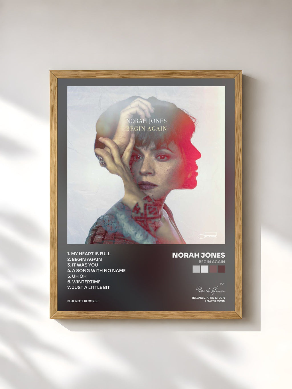 #bois Tableau de l'album Begin Again de Norah Jones, cadre en bois brut, imprimé et encadré en France