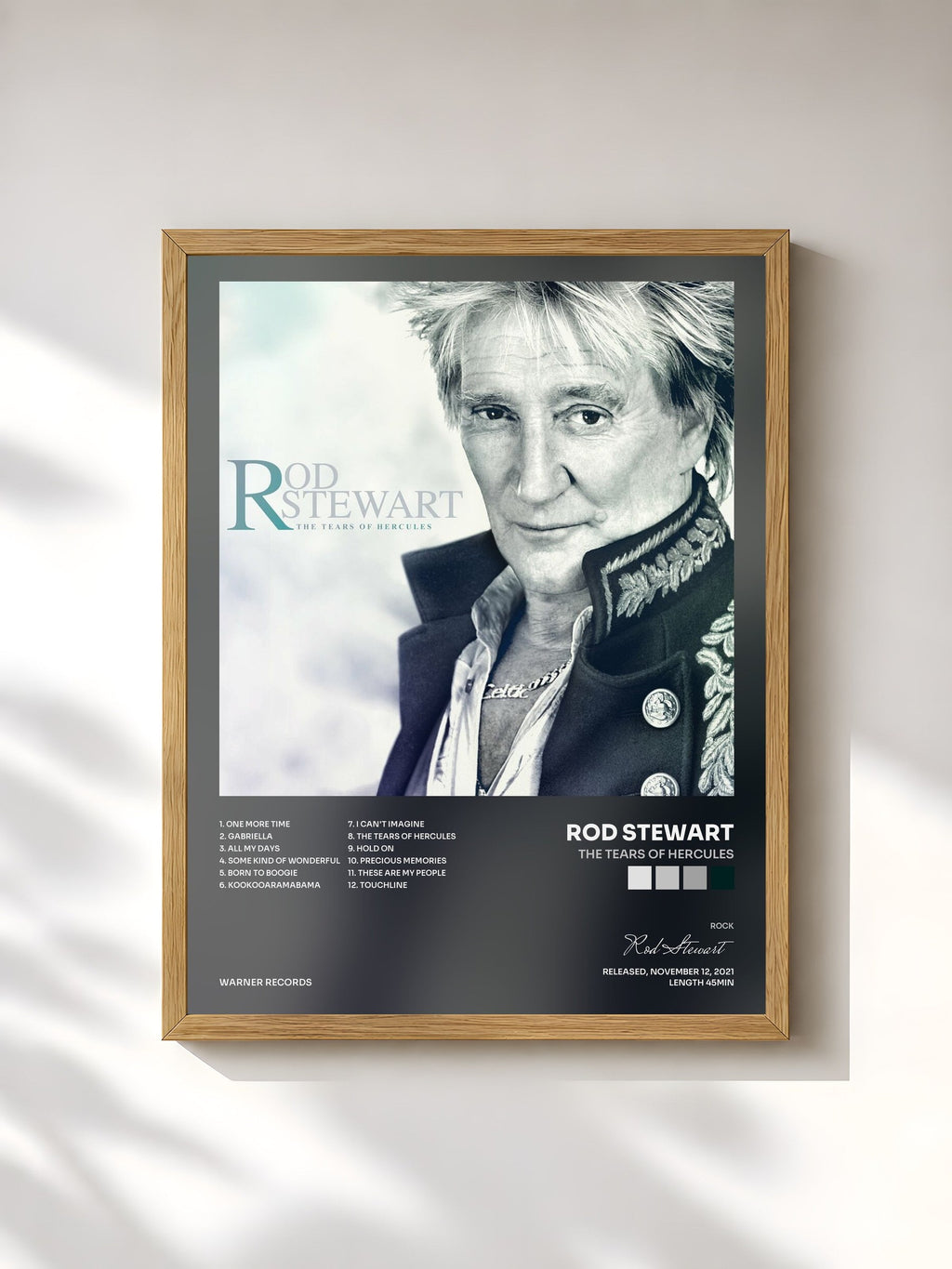 #bois Tableau de l'album The Tears Of Hercules de Rod Stewart, cadre en bois brut, imprimé et encadré en France