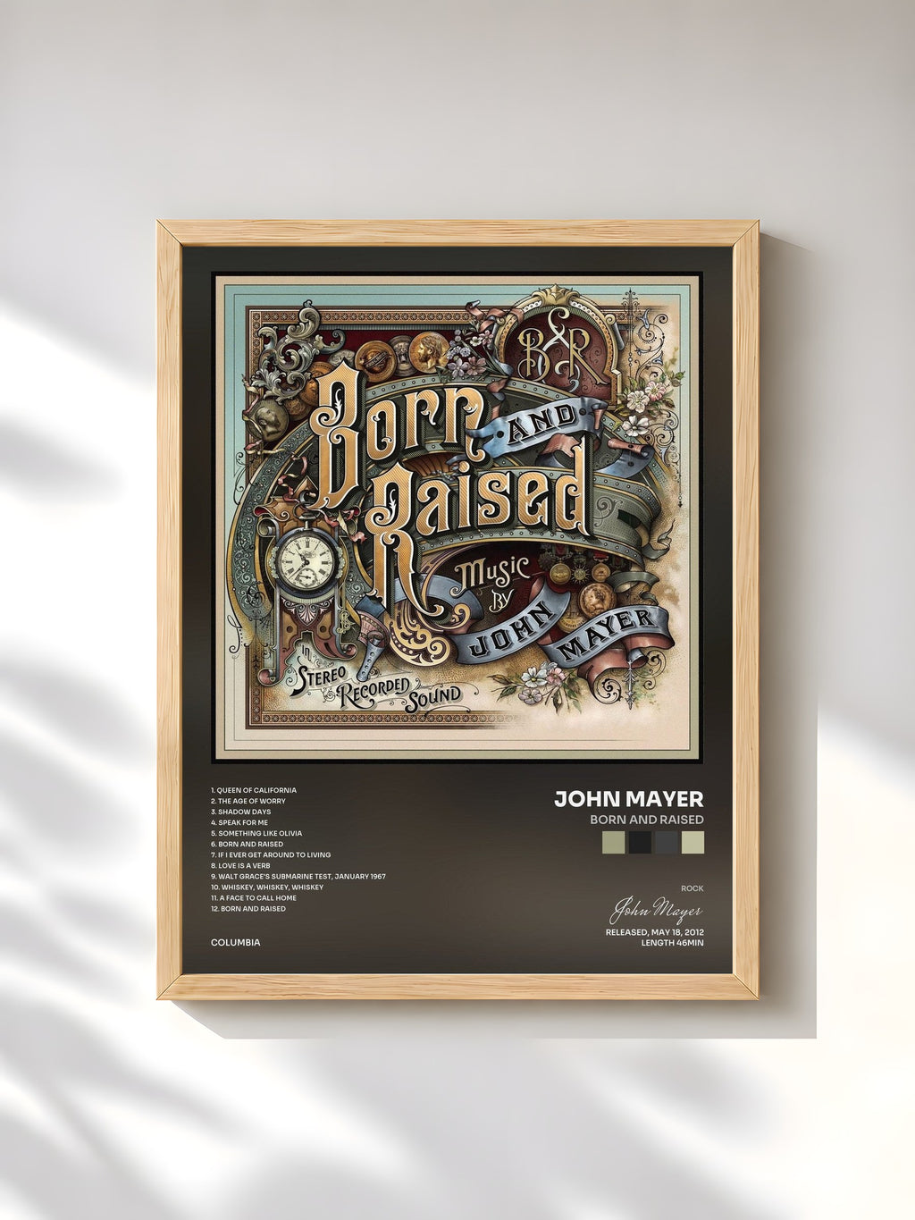 #bois Tableau de l'album Born and Raised de John Mayer, cadre en bois brut, imprimé et encadré en France