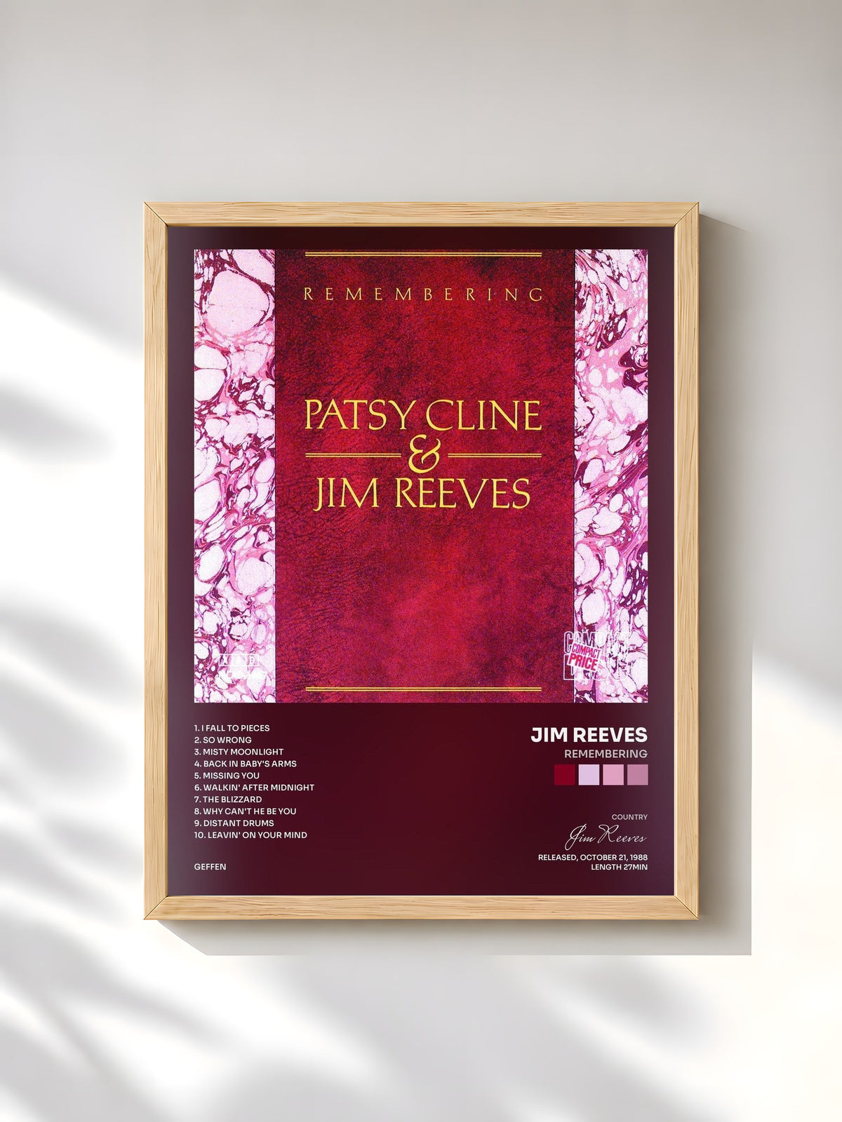 #bois Tableau de l'album Remembering de Jim Reeves, cadre en bois brut, imprimé et encadré en France