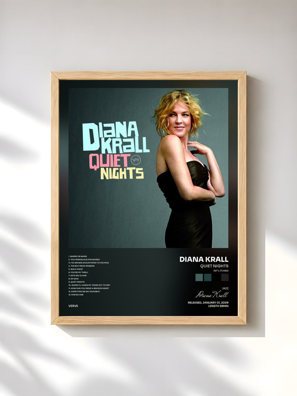 #bois Tableau de l'album Quiet Nights (Int'l iTunes) de Diana Krall, cadre en bois brut, imprimé et encadré en France