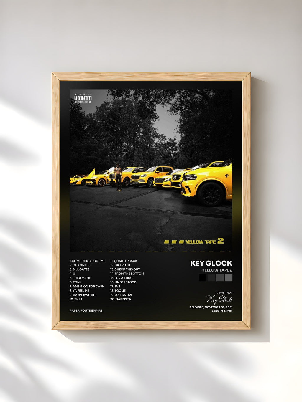 #bois Tableau de l'album Yellow Tape 2 de Key Glock, cadre en bois brut, imprimé et encadré en France