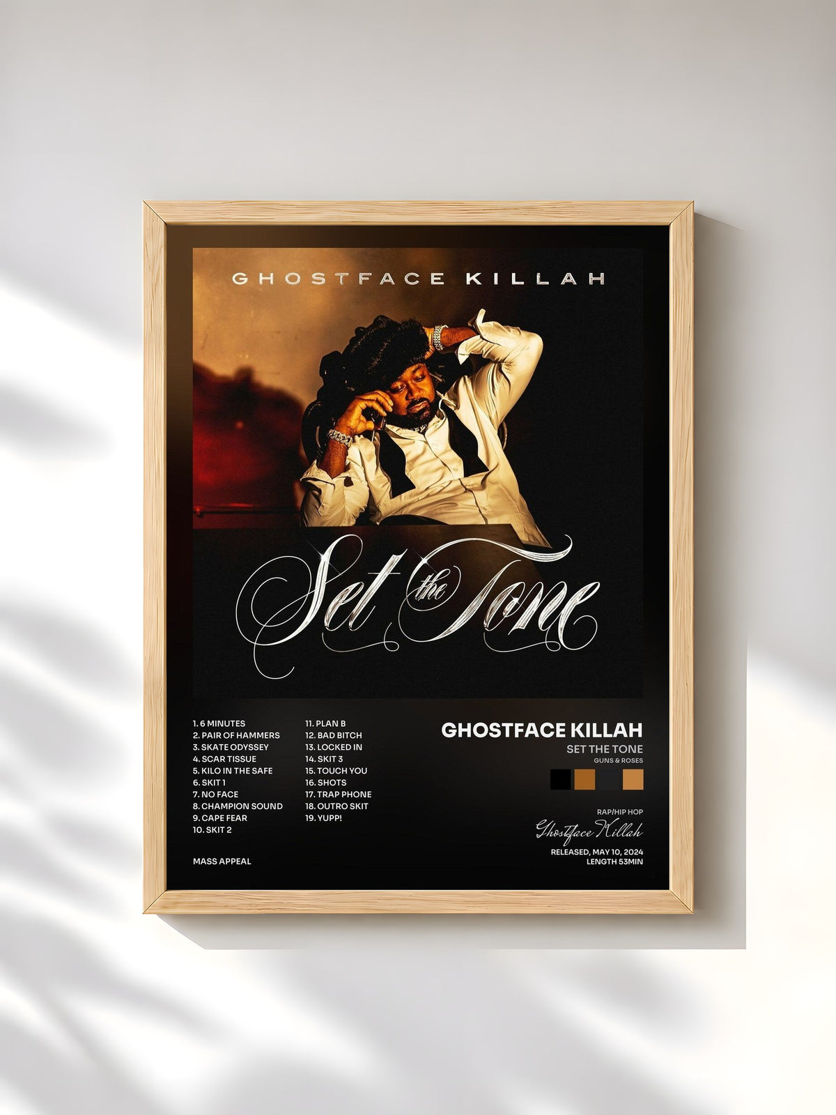 #bois Tableau de l'album Set The Tone (Guns & Roses) de Ghostface Killah, cadre en bois brut, imprimé et encadré en France