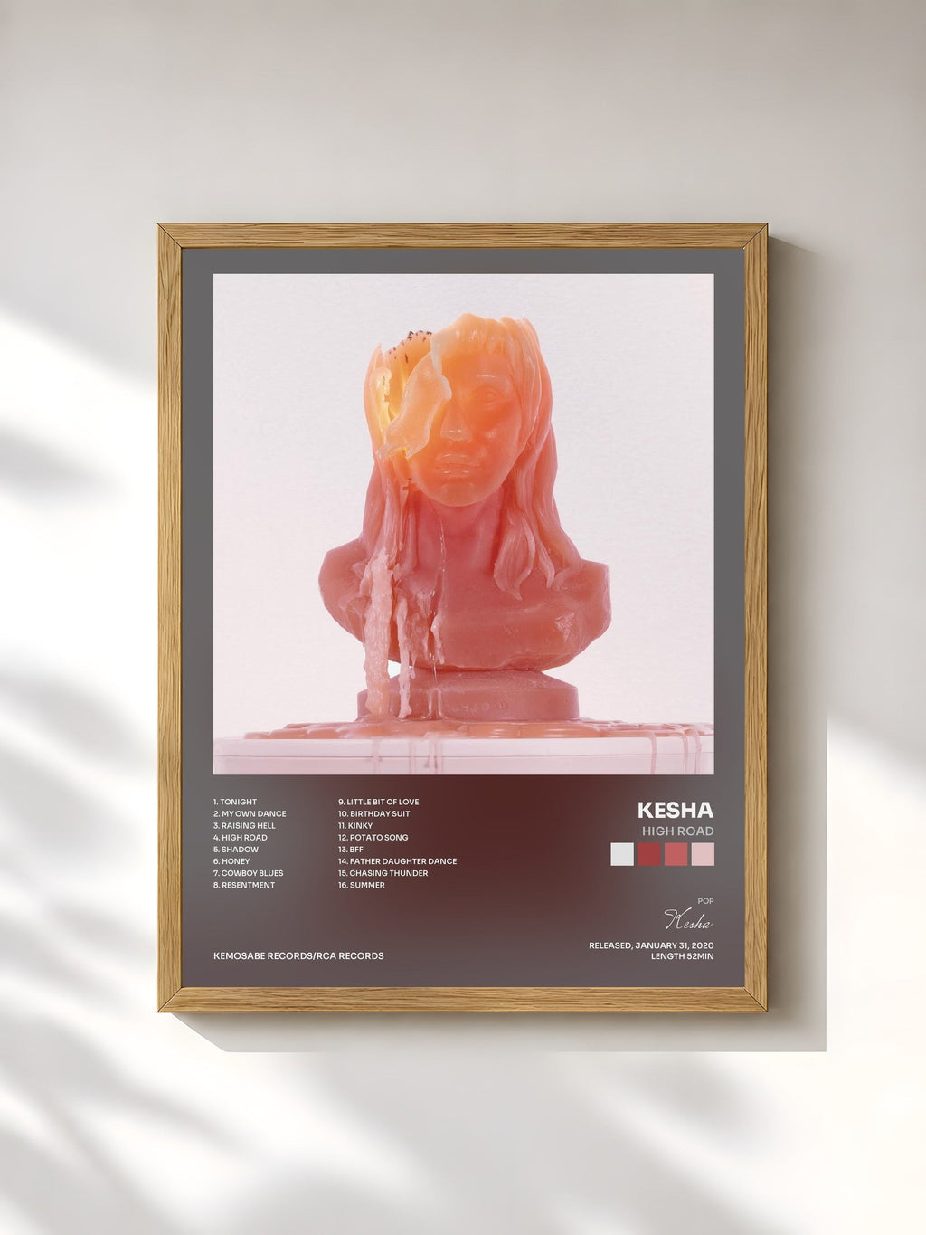 #bois Tableau de l'album High Road de Kesha, cadre en bois brut, imprimé et encadré en France