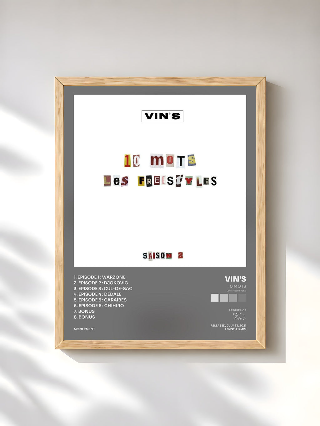 #bois Tableau de l'album 10 mots (Les freestyles) [Saison 2] de Vin's, cadre en bois brut, imprimé et encadré en France