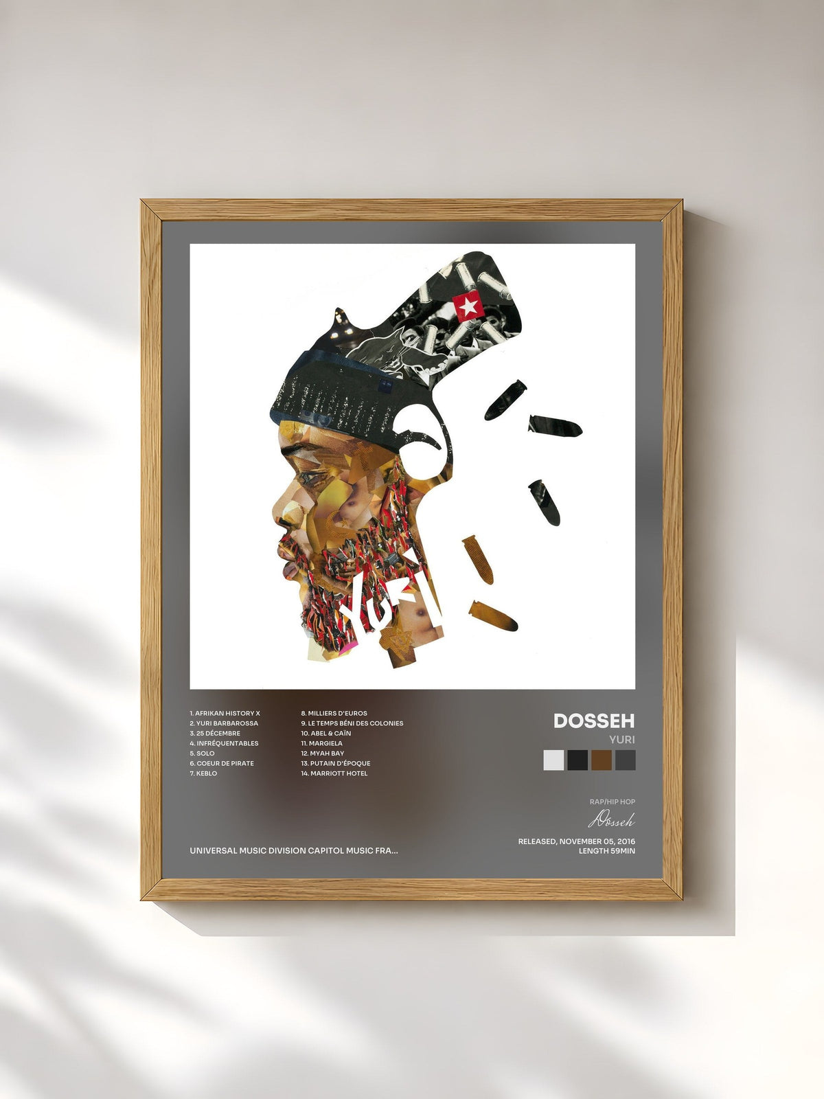 #bois Tableau de l'album Yuri de Dosseh, cadre en bois brut, imprimé et encadré en France