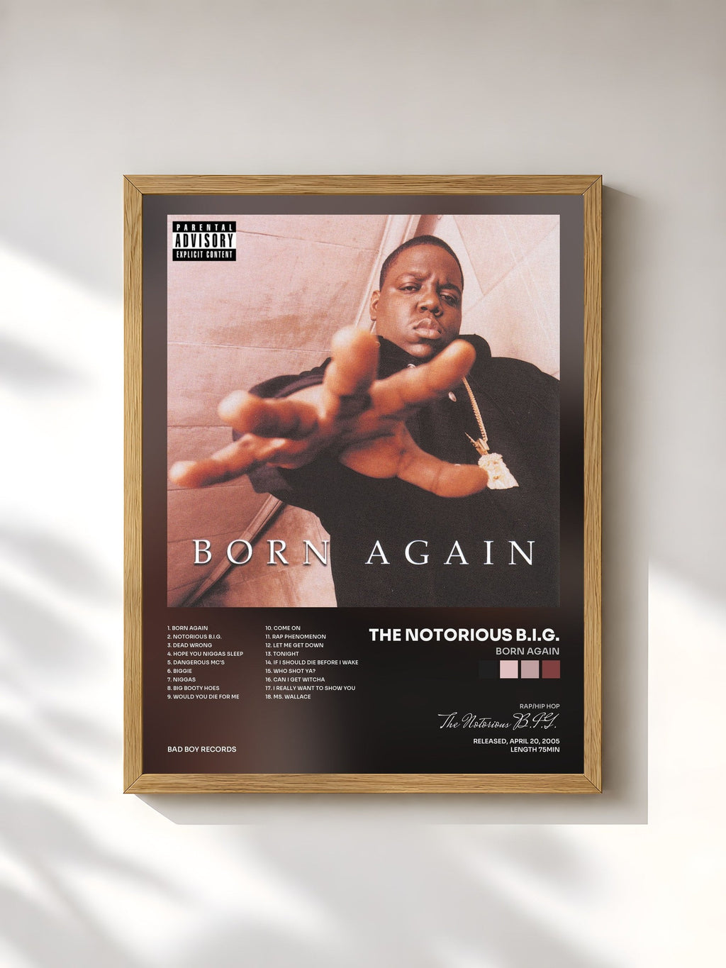 #bois Tableau de l'album Born Again de The Notorious B.I.G., cadre en bois brut, imprimé et encadré en France