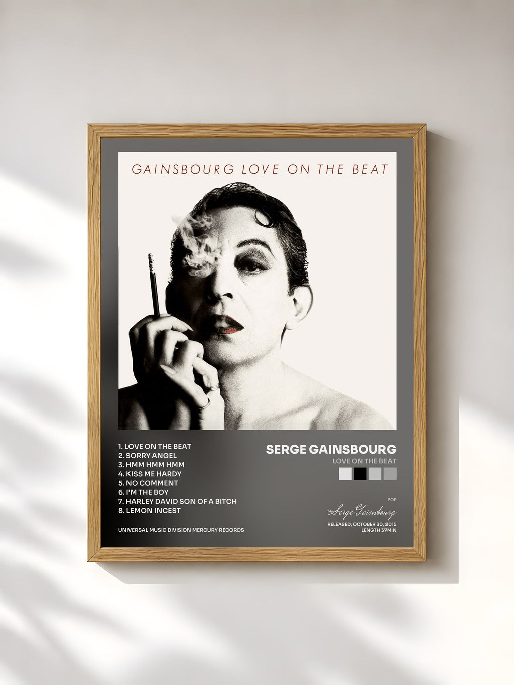 #bois Tableau de l'album Love On The Beat de Serge Gainsbourg, cadre en bois brut, imprimé et encadré en France