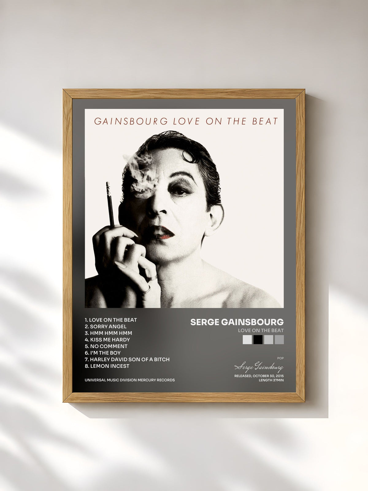 #bois Tableau de l'album Love On The Beat de Serge Gainsbourg, cadre en bois brut, imprimé et encadré en France