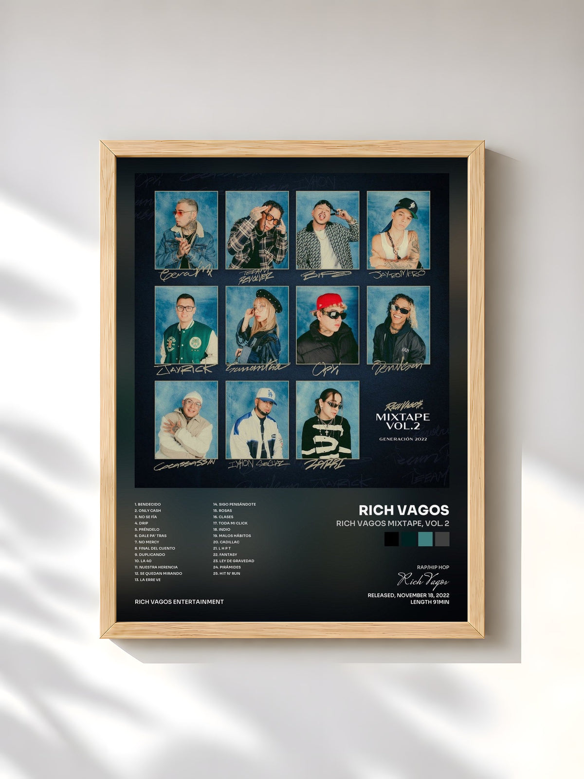 #bois Tableau de l'album Rich Vagos Mixtape, Vol. 2 de Rich Vagos, cadre en bois brut, imprimé et encadré en France