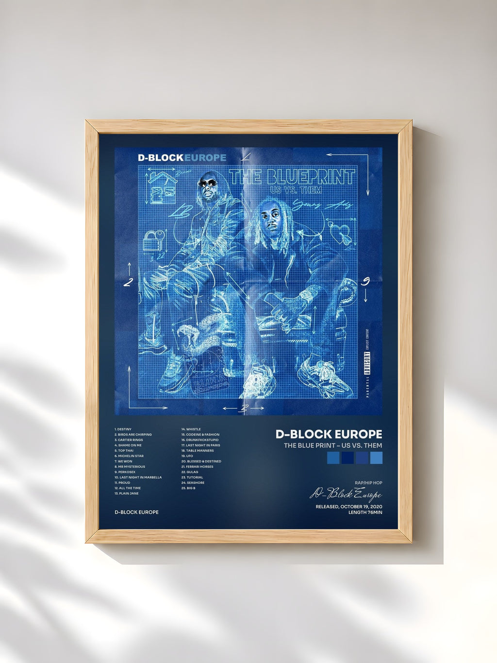 #bois Tableau de l'album The Blue Print – Us Vs. Them de D-Block Europe, cadre en bois brut, imprimé et encadré en France