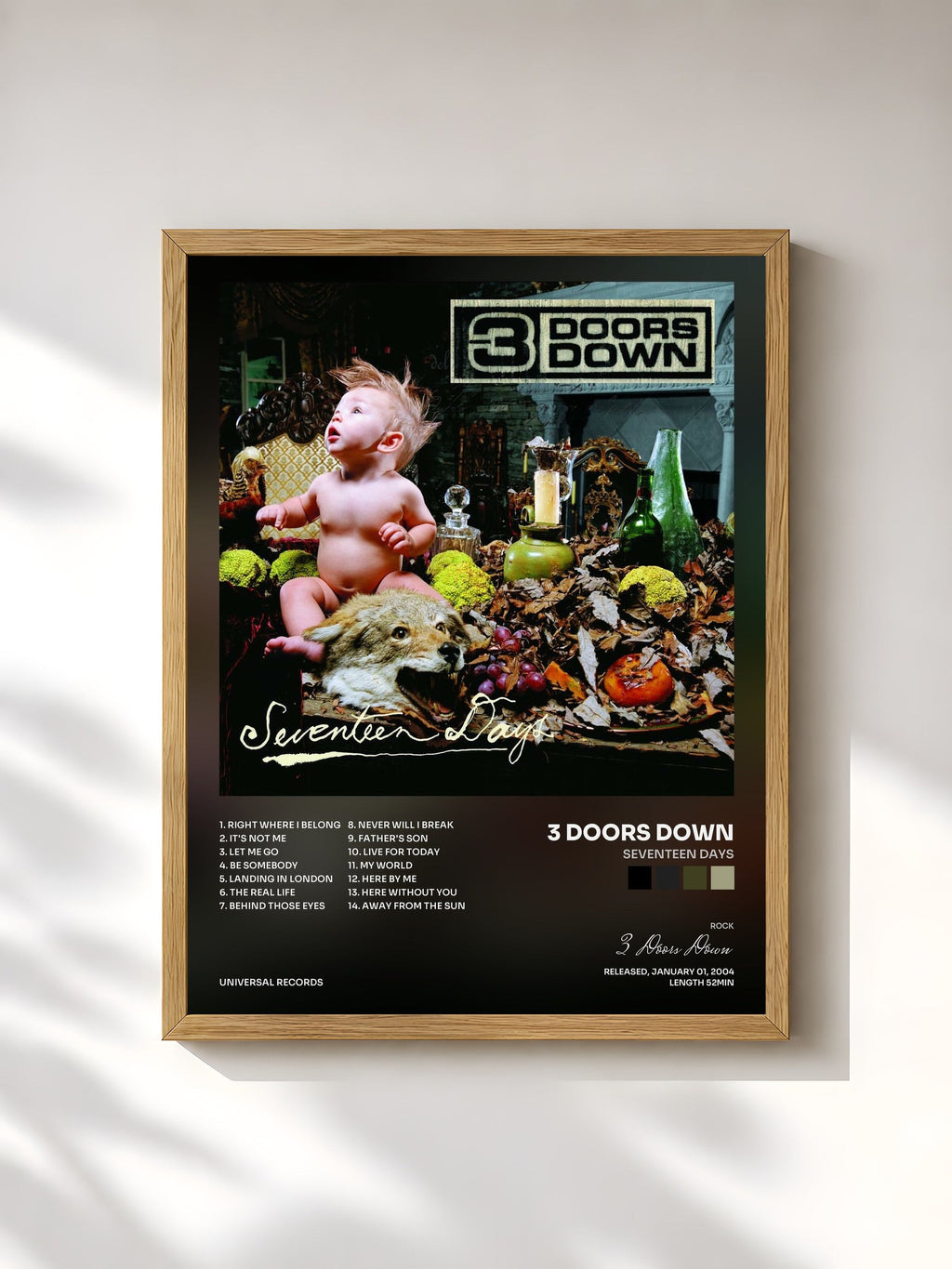#bois Tableau de l'album Seventeen Days de 3 Doors Down, cadre en bois brut, imprimé et encadré en France