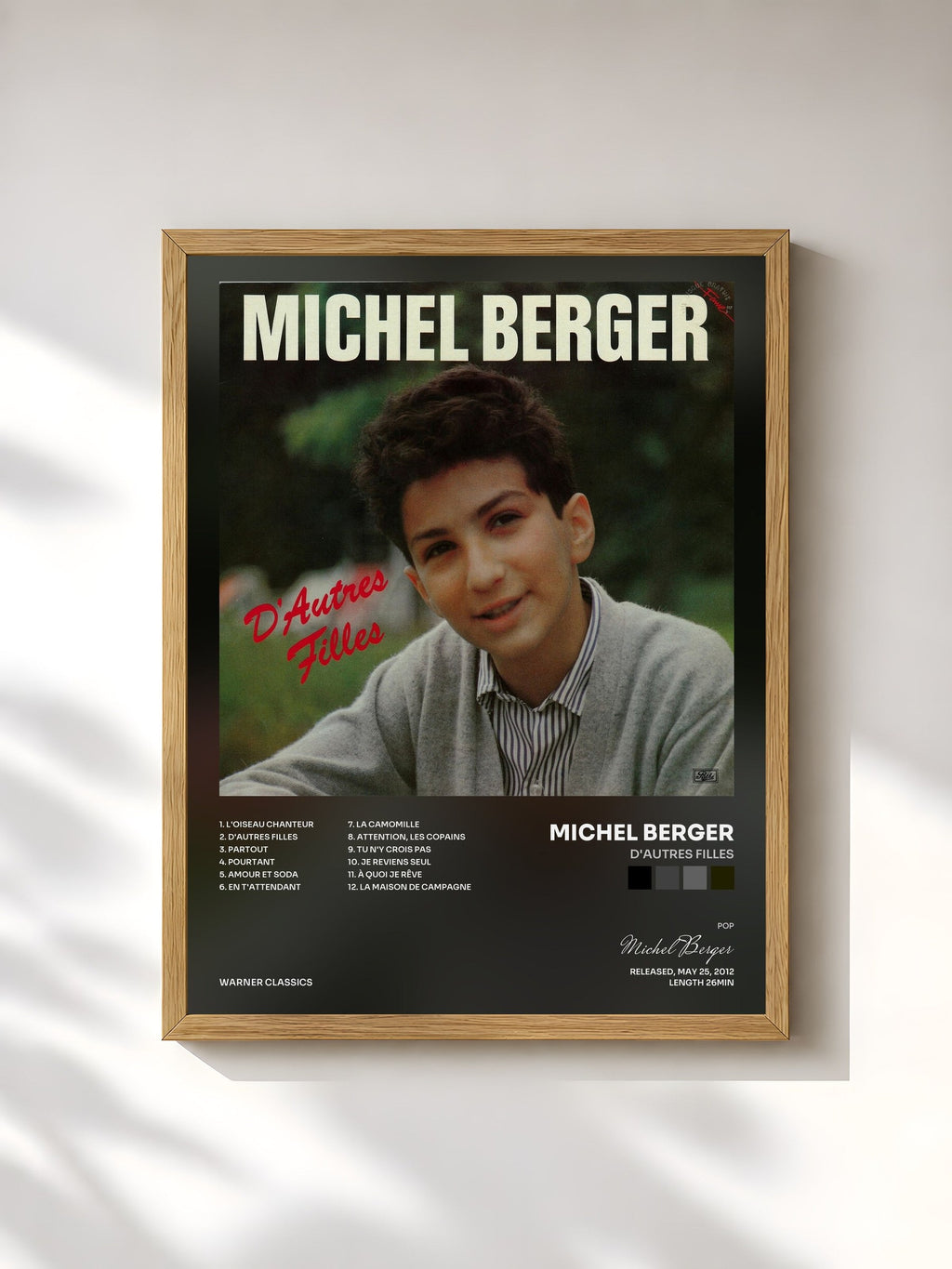 #bois Tableau de l'album D'autres filles de Michel Berger, cadre en bois brut, imprimé et encadré en France