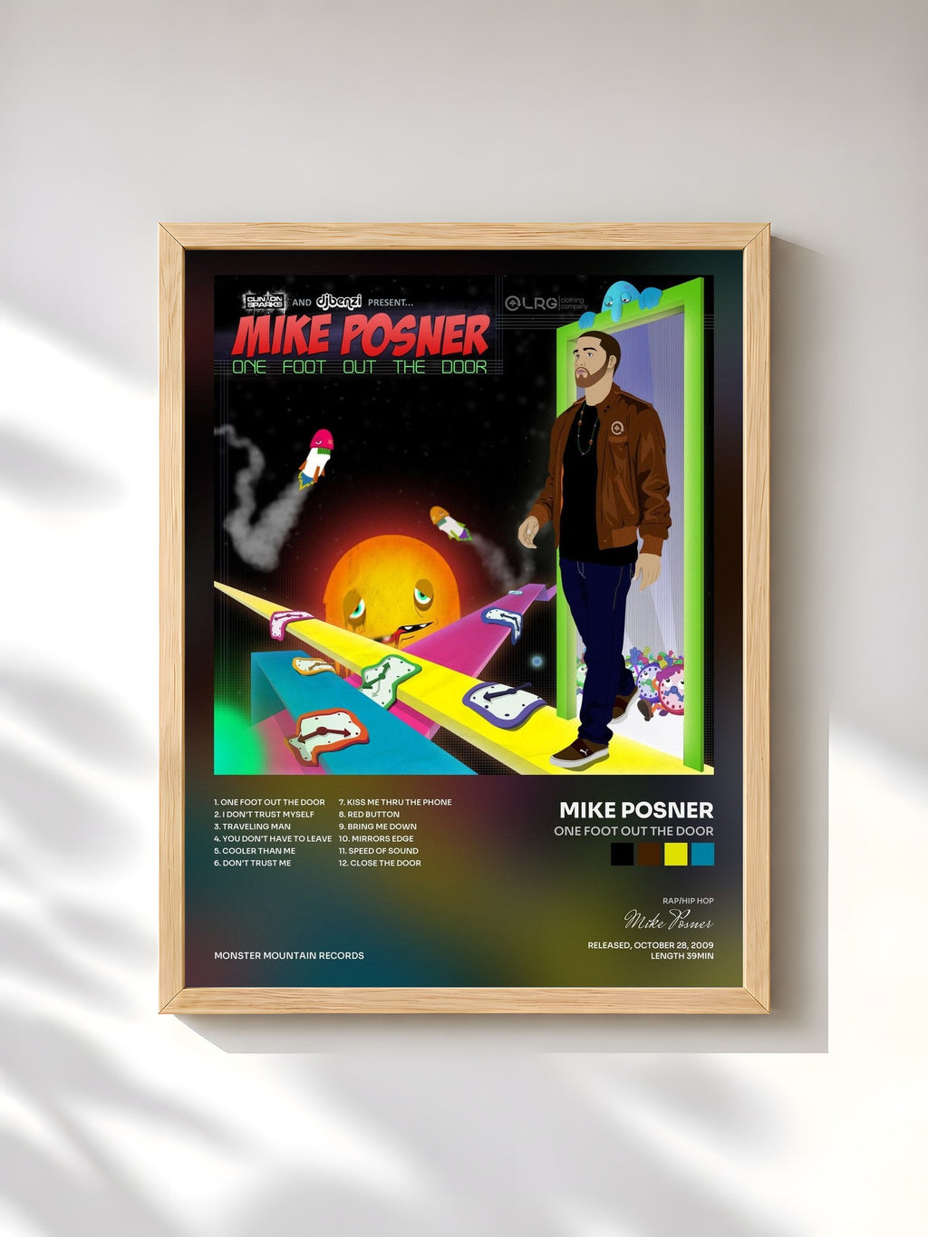 #bois Tableau de l'album One Foot Out The Door de Mike Posner, cadre en bois brut, imprimé et encadré en France