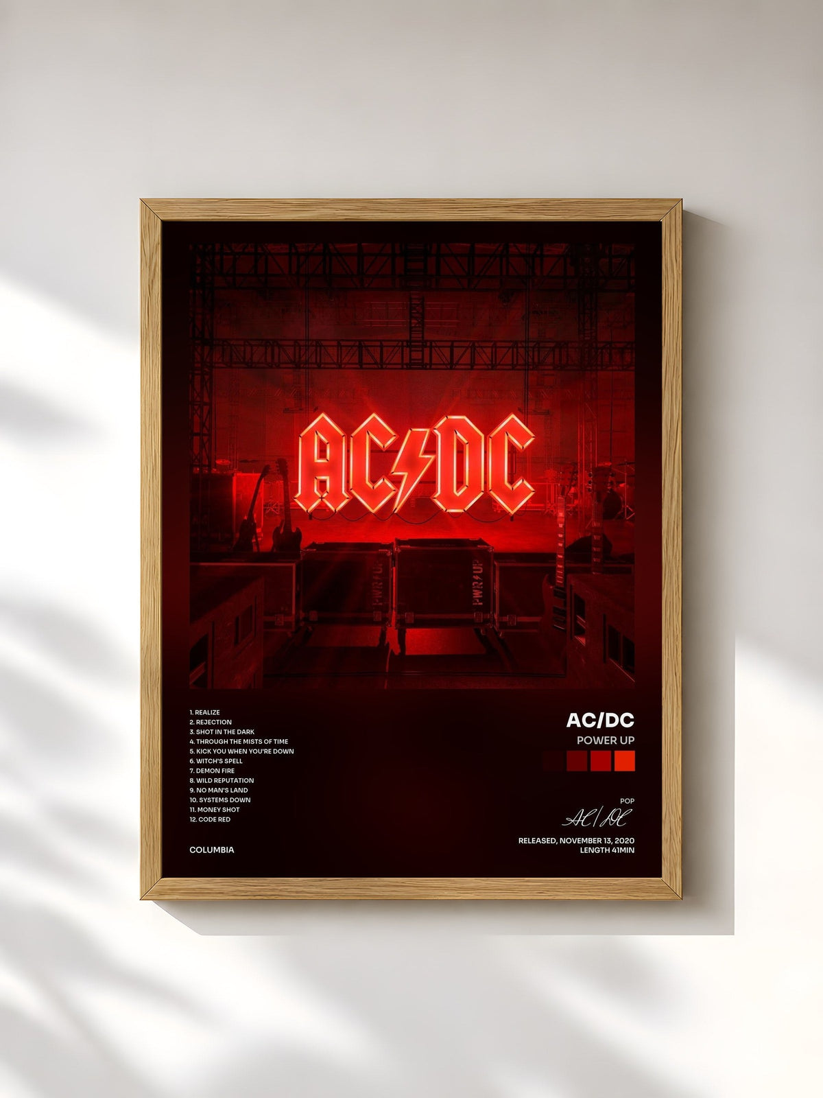 #bois Tableau de l'album POWER UP de AC/DC, cadre en bois brut, imprimé et encadré en France