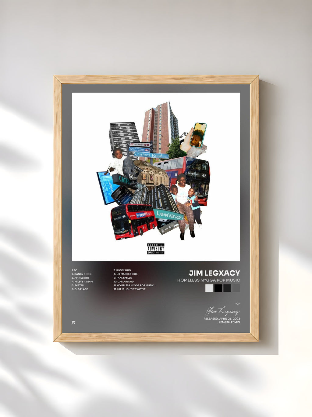 #bois Tableau de l'album homeless n*gga pop music de Jim Legxacy, cadre en bois brut, imprimé et encadré en France