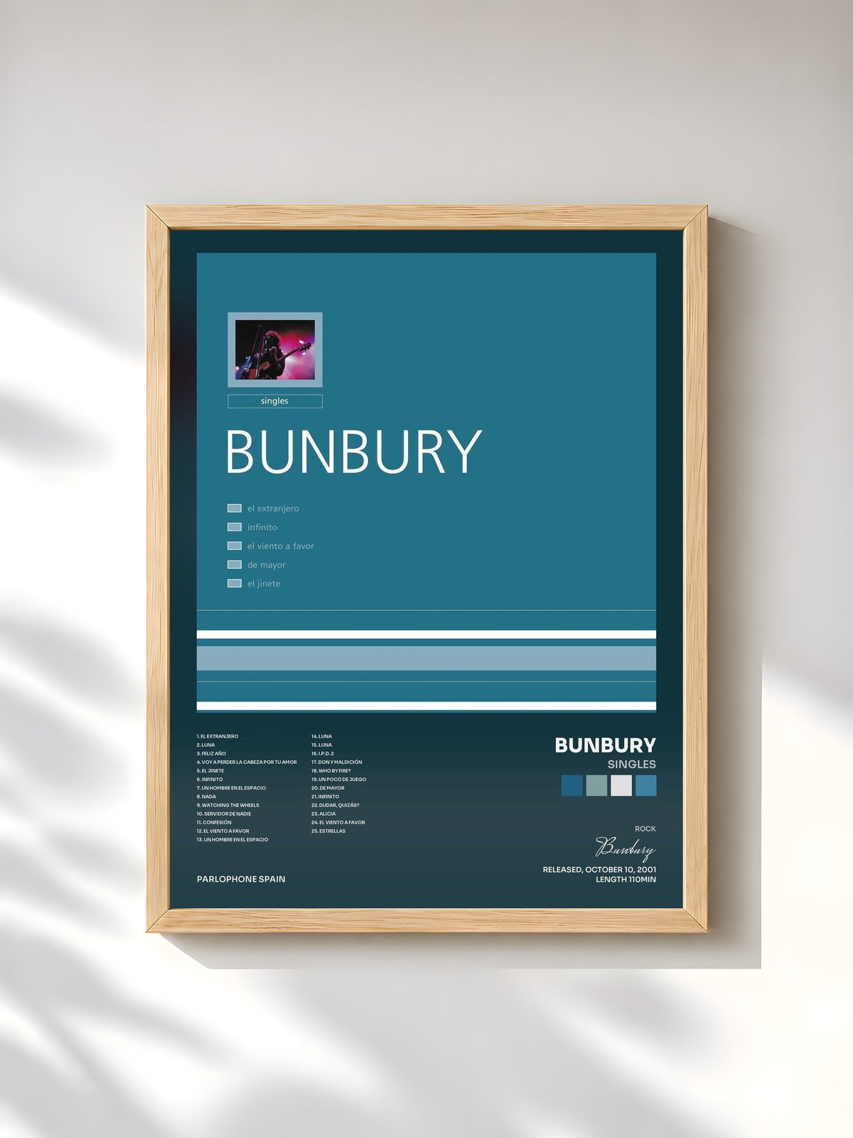 #bois Tableau de l'album Singles de Bunbury, cadre en bois brut, imprimé et encadré en France