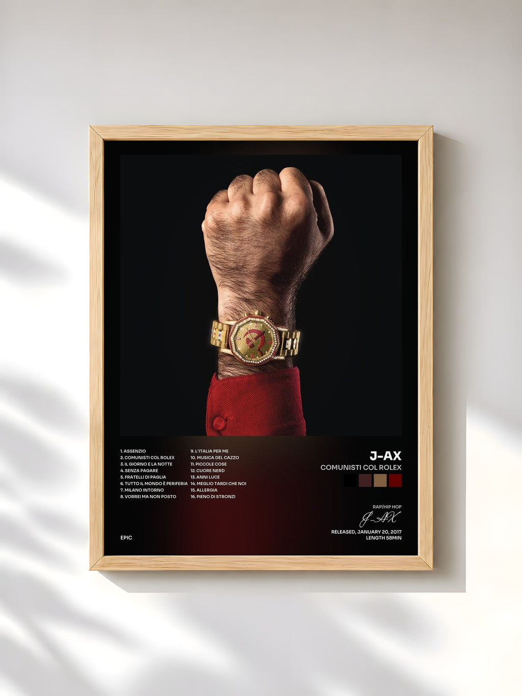 #bois Tableau de l'album Comunisti col Rolex de J-AX, cadre en bois brut, imprimé et encadré en France