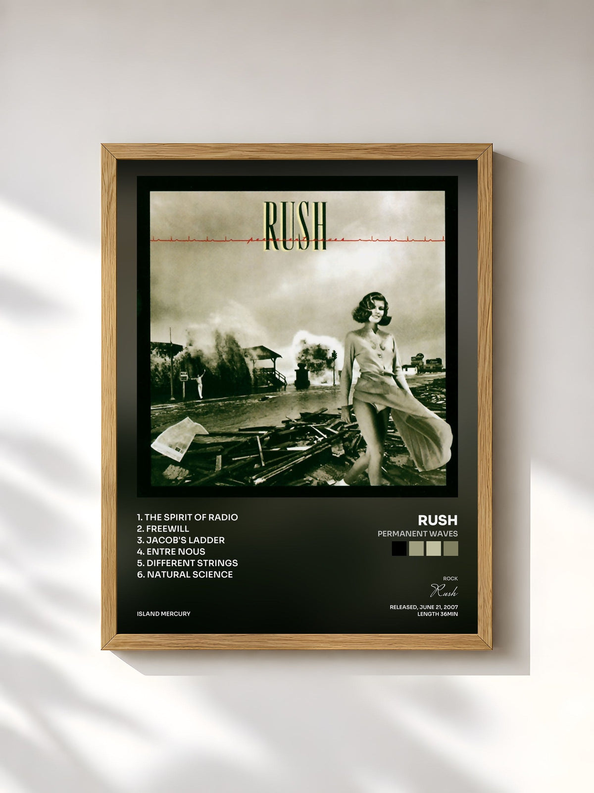 #bois Tableau de l'album Permanent Waves de Rush, cadre en bois brut, imprimé et encadré en France