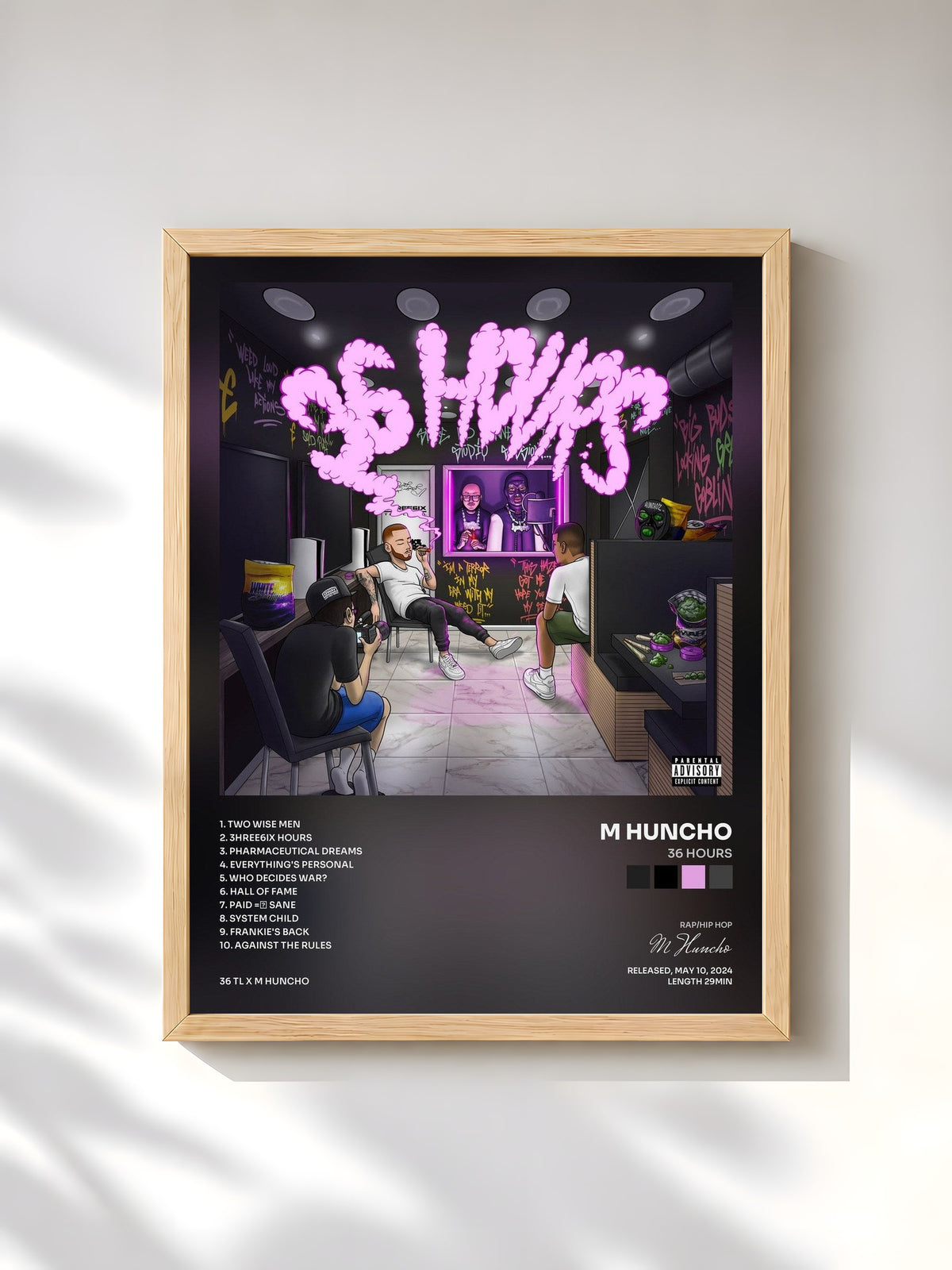 #bois Tableau de l'album 36 Hours de M Huncho, cadre en bois brut, imprimé et encadré en France