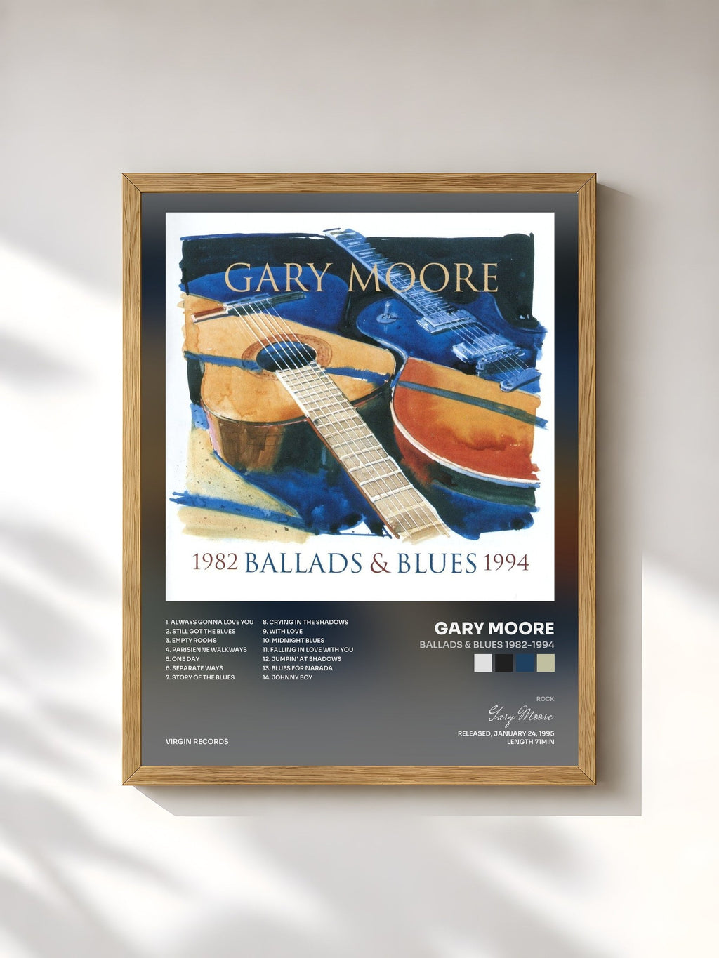 #bois Tableau de l'album Ballads & Blues 1982-1994 de Gary Moore, cadre en bois brut, imprimé et encadré en France