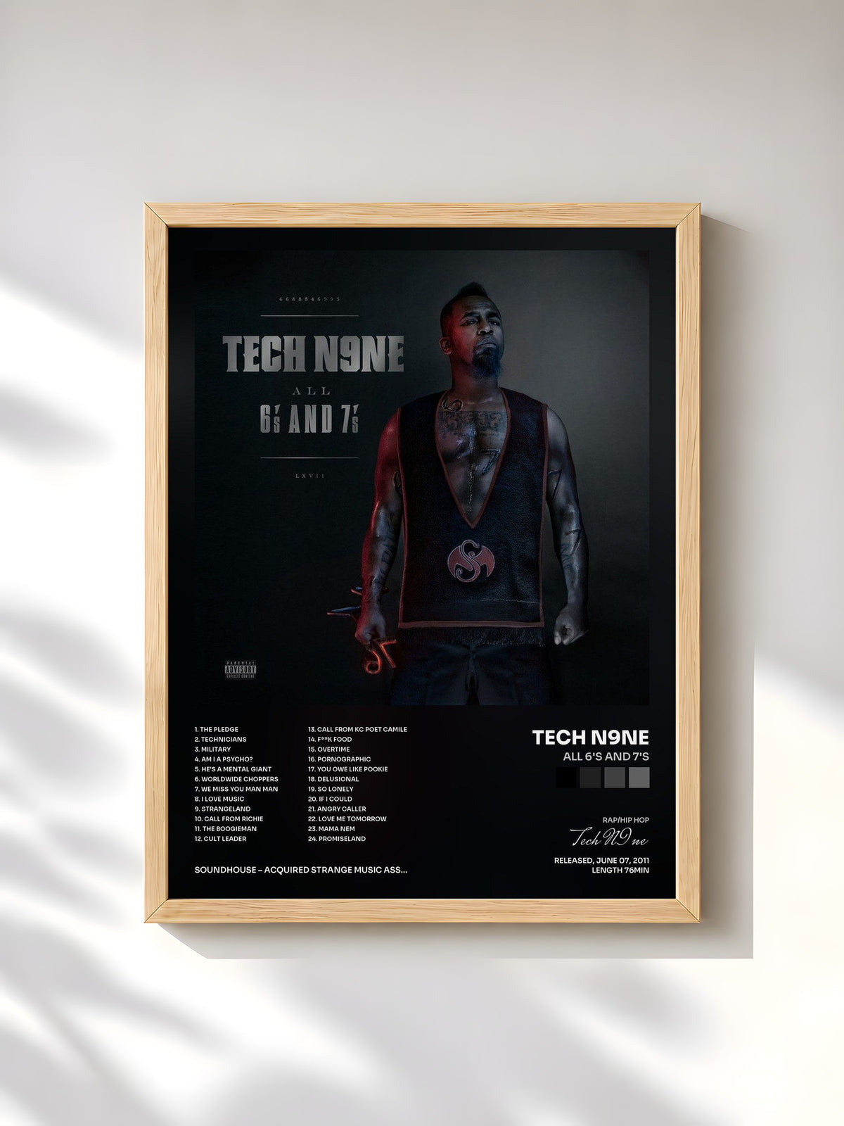 #bois Tableau de l'album All 6's And 7's de Tech N9ne, cadre en bois brut, imprimé et encadré en France