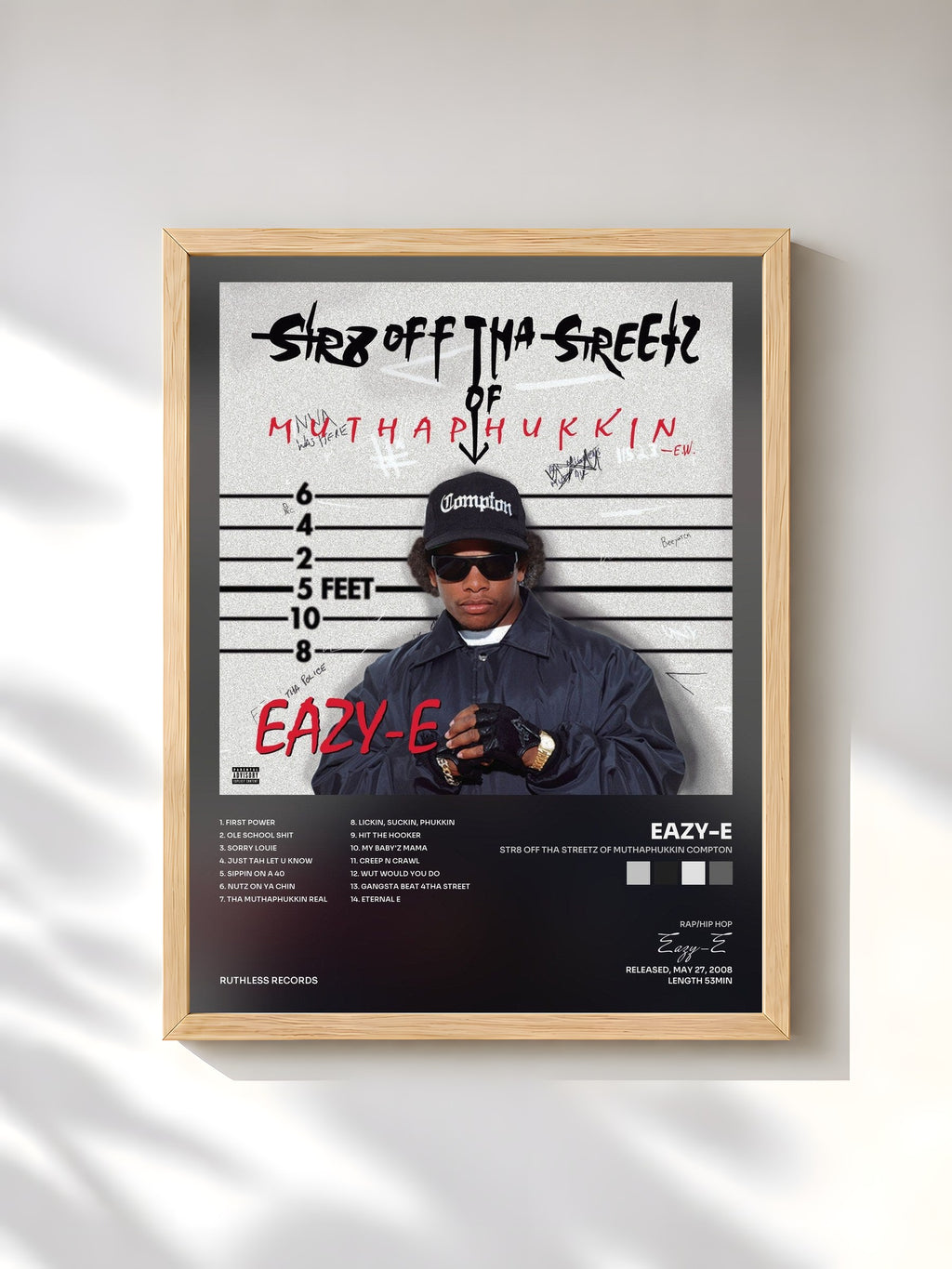 #bois Tableau de l'album Str8 off Tha Streetz of Muthaphukkin Compton de Eazy-E, cadre en bois brut, imprimé et encadré en France