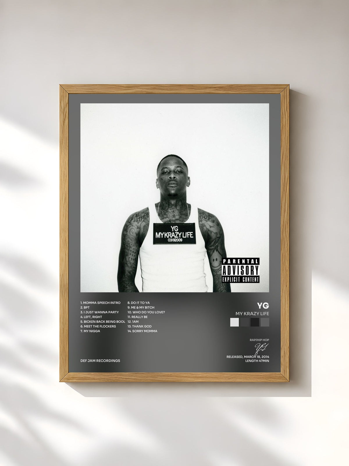 #bois Tableau de l'album My Krazy Life de YG, cadre en bois brut, imprimé et encadré en France