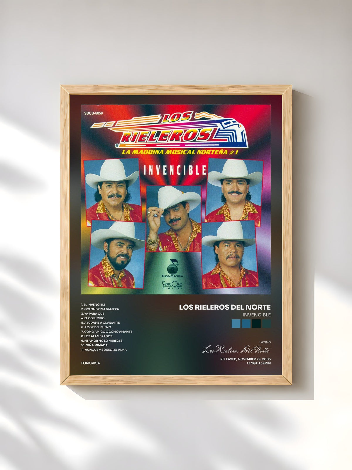 #bois Tableau de l'album Invencible de Los Rieleros Del Norte, cadre en bois brut, imprimé et encadré en France