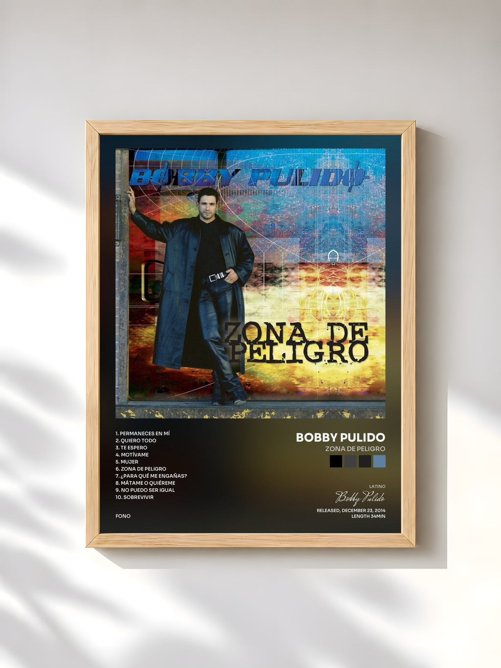 #bois Tableau de l'album Zona De Peligro de Bobby Pulido, cadre en bois brut, imprimé et encadré en France