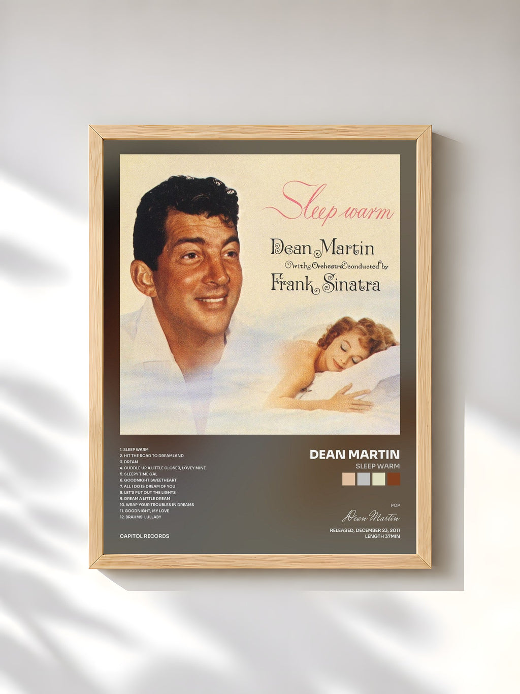 #bois Tableau de l'album Sleep Warm de Dean Martin, cadre en bois brut, imprimé et encadré en France