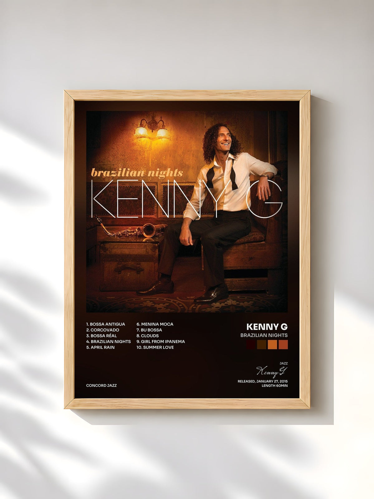 #bois Tableau de l'album Brazilian Nights de Kenny G, cadre en bois brut, imprimé et encadré en France