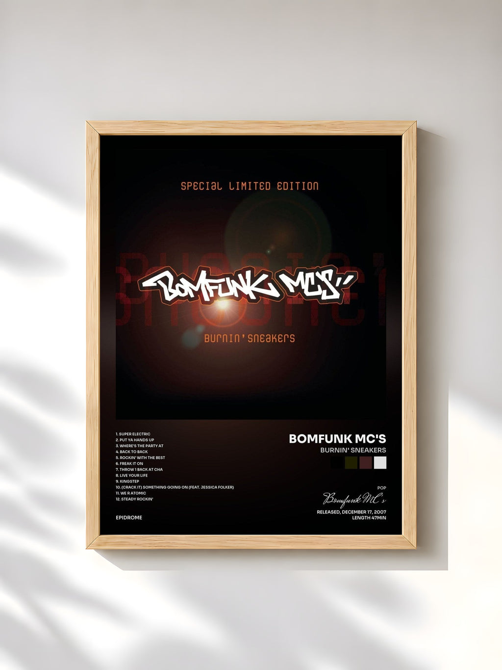 #bois Tableau de l'album Burnin' Sneakers de Bomfunk MC's, cadre en bois brut, imprimé et encadré en France