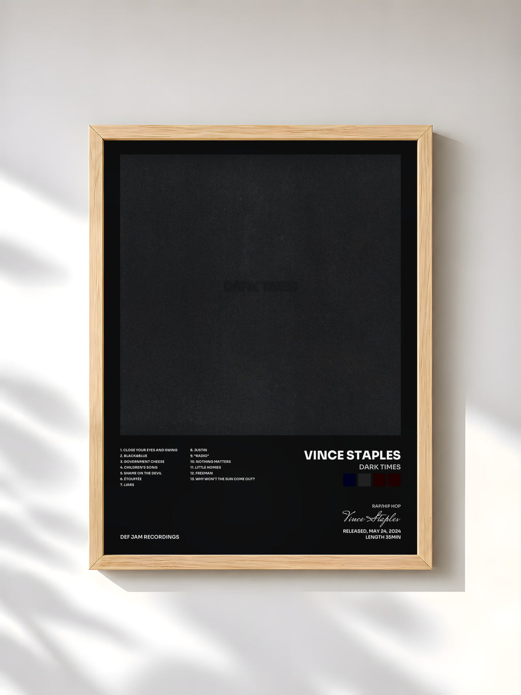 #bois Tableau de l'album Dark Times de Vince Staples, cadre en bois brut, imprimé et encadré en France