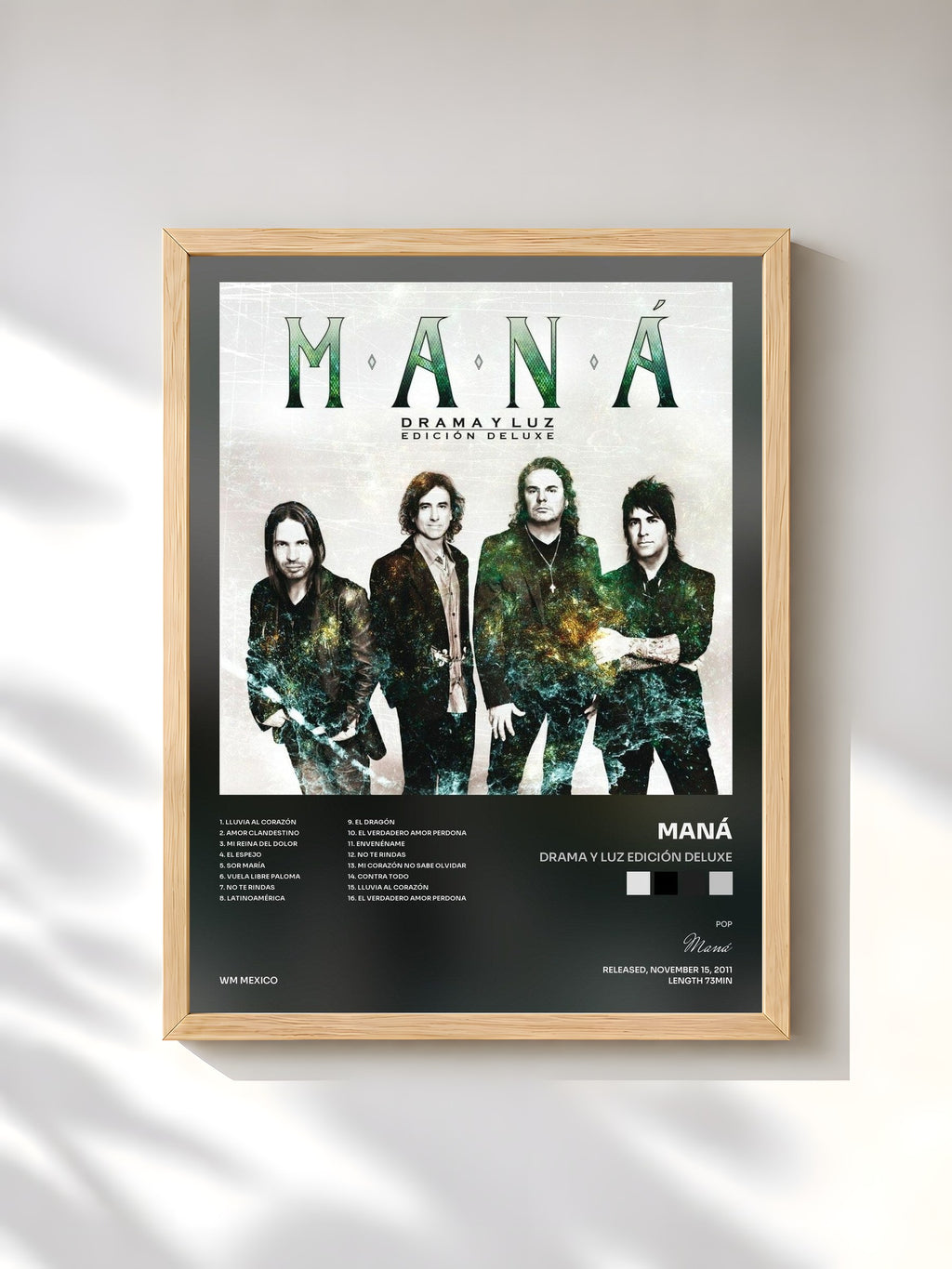 #bois Tableau de l'album Drama Y Luz Edición Deluxe de Maná, cadre en bois brut, imprimé et encadré en France