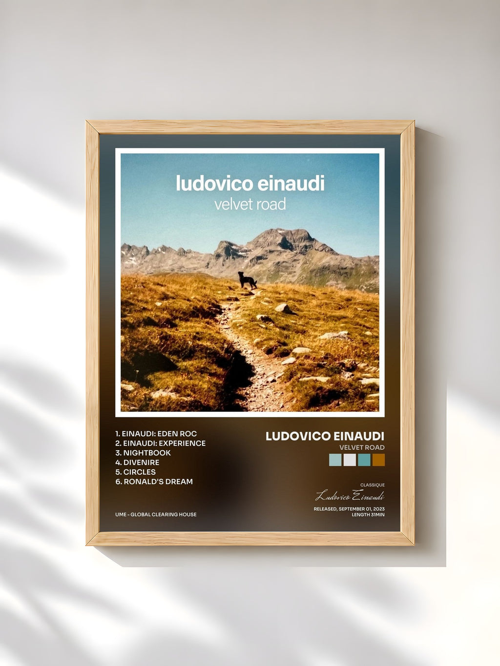 #bois Tableau de l'album Velvet Road de Ludovico Einaudi, cadre en bois brut, imprimé et encadré en France