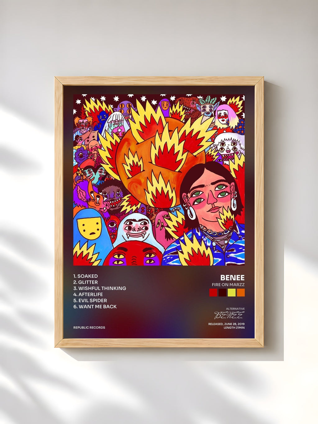 #bois Tableau de l'album FIRE ON MARZZ de BENEE, cadre en bois brut, imprimé et encadré en France