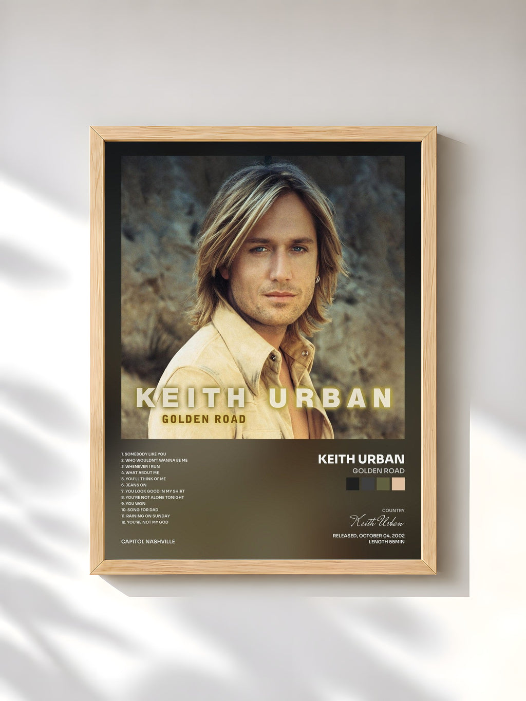 #bois Tableau de l'album Golden Road de Keith Urban, cadre en bois brut, imprimé et encadré en France