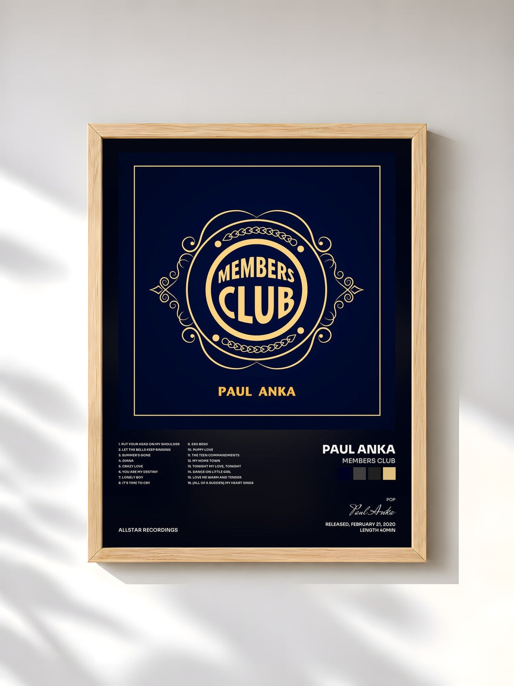 #bois Tableau de l'album Members Club de Paul Anka, cadre en bois brut, imprimé et encadré en France