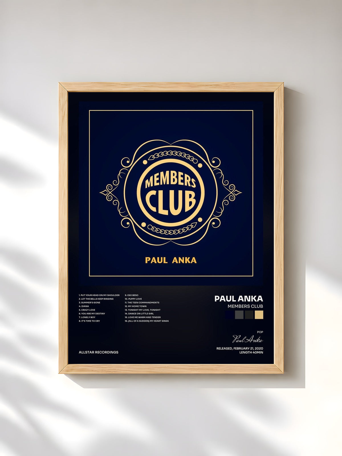 #bois Tableau de l'album Members Club de Paul Anka, cadre en bois brut, imprimé et encadré en France