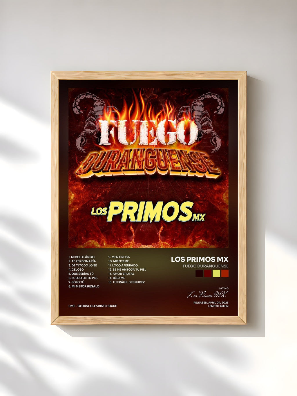 #bois Tableau de l'album Fuego Duranguense de Los Primos MX, cadre en bois brut, imprimé et encadré en France
