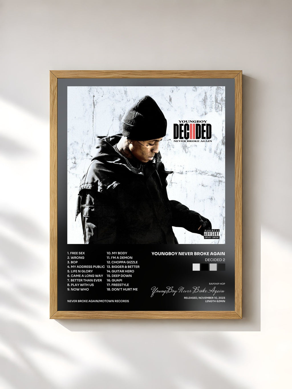 #bois Tableau de l'album Decided 2 de YoungBoy Never Broke Again, cadre en bois brut, imprimé et encadré en France