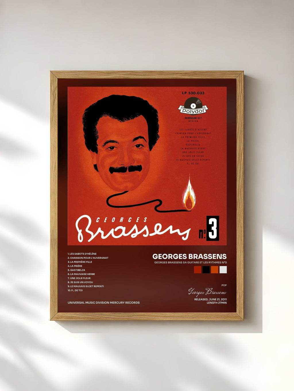 #bois Tableau de l'album Georges Brassens sa guitare et les rythmes N°3 de Georges Brassens, cadre en bois brut, imprimé et encadré en France