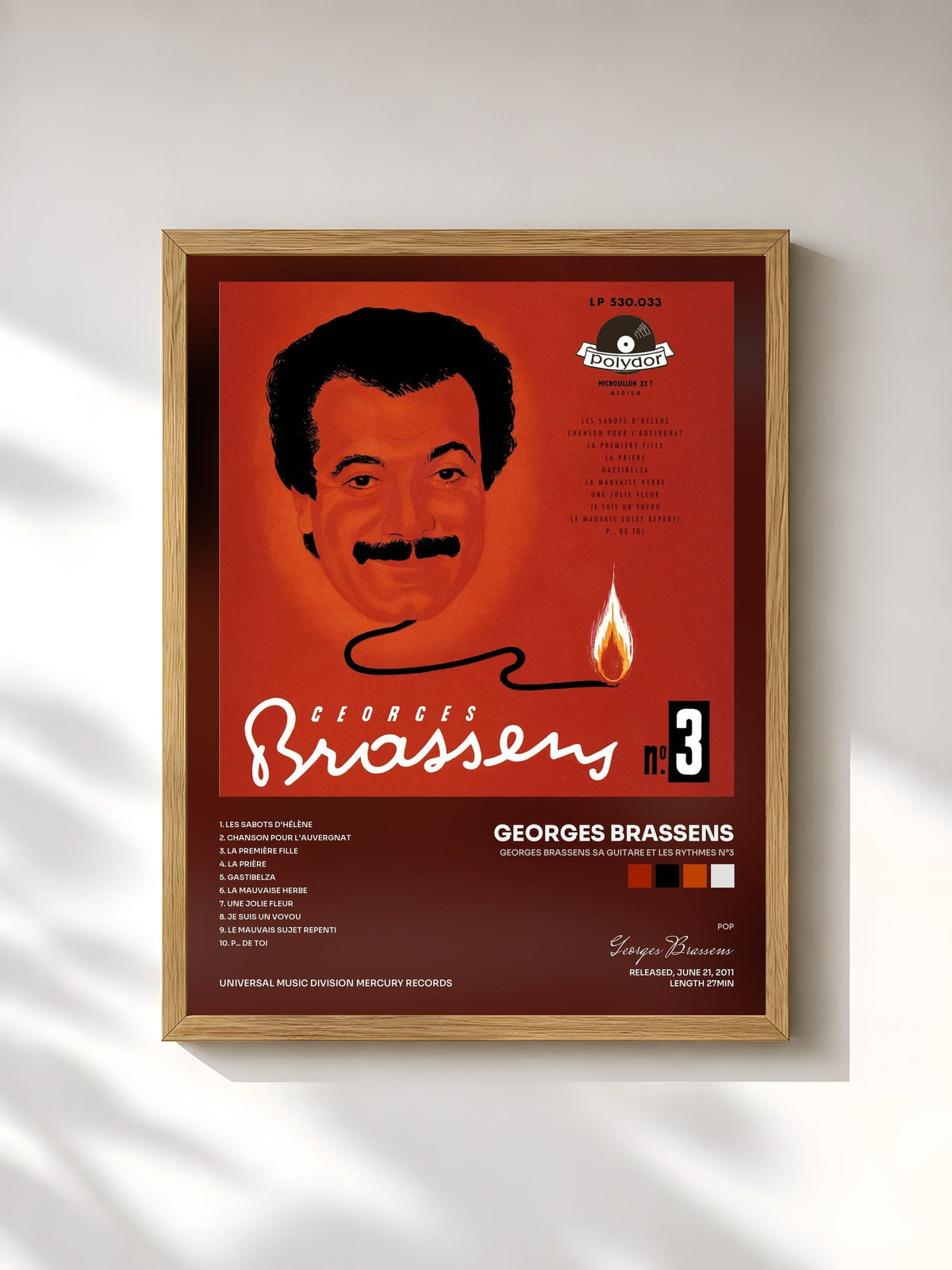 #bois Tableau de l'album Georges Brassens sa guitare et les rythmes N°3 de Georges Brassens, cadre en bois brut, imprimé et encadré en France