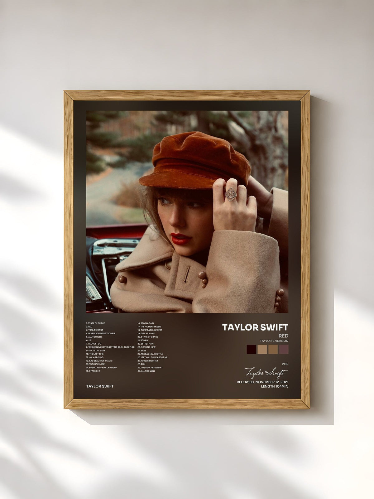 #bois Tableau de l'album Red (Taylor's Version) de Taylor Swift, cadre en bois brut, imprimé et encadré en France